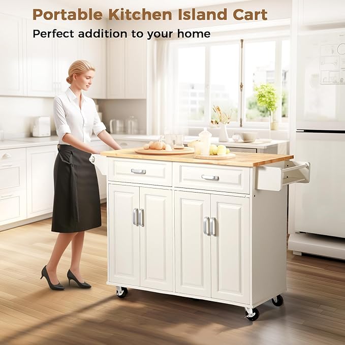 54“ Large Kitchen Island with Storage, Kitchen Cart on Wheels with 2 Large Drawers, Adjustable Shelf Inside Cabinet, Spice Rack & Towel Rack, Simple Design Rolling Island Table for Kitchen - LeafyLoom