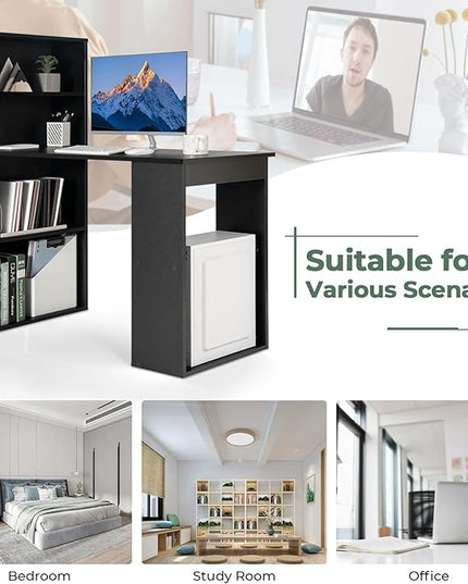 Computer Desk with Shelves, Black - LeafyLoom