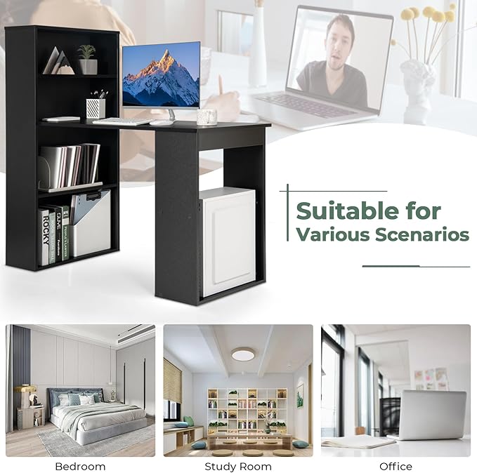 Computer Desk with Shelves, Black - LeafyLoom