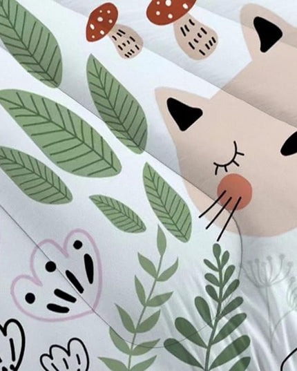 Floral Cat Bedding Full Size Cartoon Cats Comforter Set for Girls Boys Kids Teen Children Green Animals Print Bedroom Dorm Quilt 1 Comforter + 2 Pillow Cases - LeafyLoom