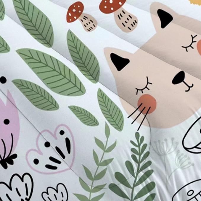 Floral Cartoon Cat Comforter Set Bedding Twin Size for Girls Boys Kids Children Green Animals Print Bedroom Dorm Quilt 1 Comforter + 1 Pillow Case - LeafyLoom