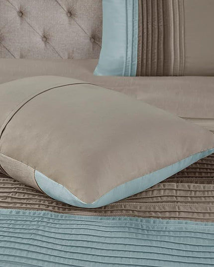 Madison Park Amherst Faux Silk Comforter Set-Casual Contemporary Design All Season Down Alternative Bedding, Matching Shams, Bedskirt, Decorative Pillows, King(104"x92"), Blue, 7 Piece (MP10-043) - LeafyLoom