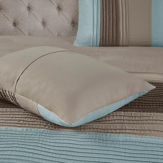 Madison Park Amherst Faux Silk Comforter Set-Casual Contemporary Design All Season Down Alternative Bedding, Matching Shams, Bedskirt, Decorative Pillows, King(104"x92"), Blue, 7 Piece (MP10-043) - LeafyLoom
