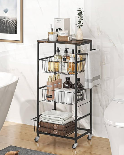 AIYAKA Kitchen Storage Cart 4 Tier Utility Rolling Microwave Cart on Wheels with Pull-Out Baskets and Wood Top for laundry room pantry bathroom, Brown - LeafyLoom