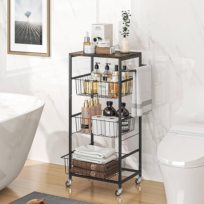 AIYAKA Kitchen Storage Cart 4 Tier Utility Rolling Microwave Cart on Wheels with Pull-Out Baskets and Wood Top for laundry room pantry bathroom, Brown - LeafyLoom