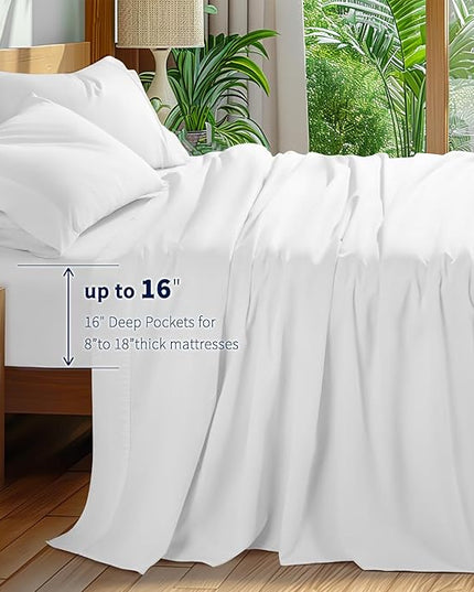 Shilucheng 100% Cotton King Size Sheets Set - 600 Thread Count，Luxury Egyptian Cotton Bed Sheets，5-Star Hotel Quality Sheets, Breathable & Cooling, 16 Inch Deep Pocket - 4 Piece (White, King) - LeafyLoom