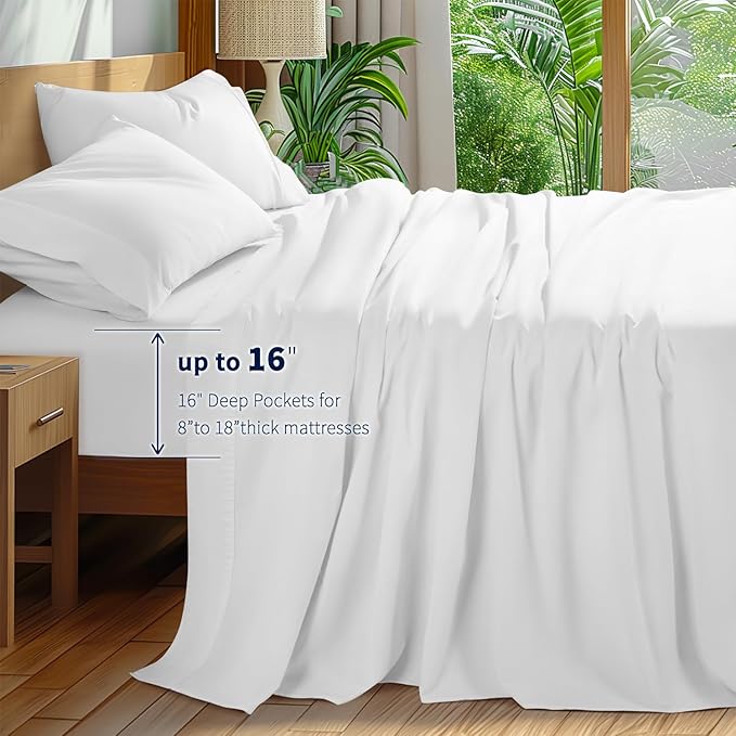 Shilucheng 100% Cotton King Size Sheets Set - 600 Thread Count，Luxury Egyptian Cotton Bed Sheets，5-Star Hotel Quality Sheets, Breathable & Cooling, 16 Inch Deep Pocket - 4 Piece (White, King) - LeafyLoom