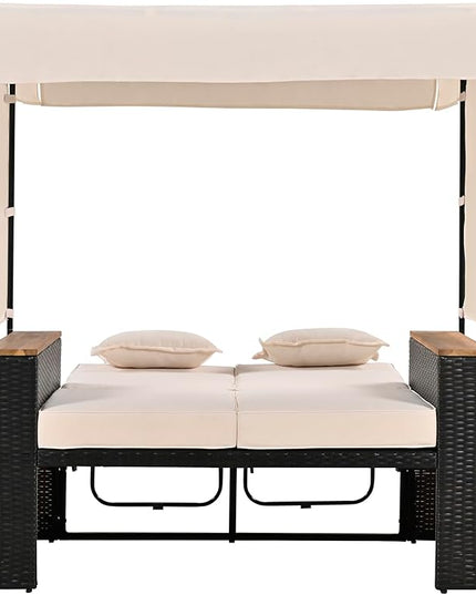 Outdoor Patio Conversation Set, 2-Piece Patio Bench Rattan Roof Set, Effective UV Protection Fabric & Waterproof Cushions and Adjustable Backrest for Garden, Backyard and Porch - LeafyLoom