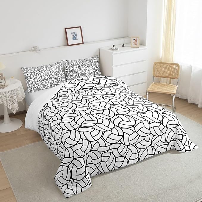 Feelyou Full Size Volleyball Bedding Set Boys Girls Sports Game Comforter Set for Kids Women Men Ultra Soft Volleyball Player Comforter Black White Duvet Set Room Decor Quilt Set - LeafyLoom