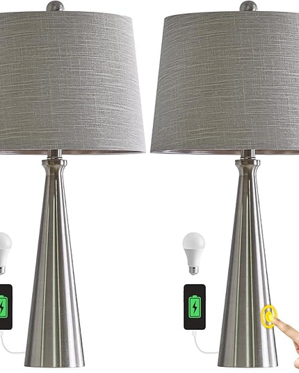 Oneach 25.75" Table Lamps Set of 2 for Living Room Bedroom, Bedside Lamp 3-Way Dimmable Touch Control, Modern Silver Nightstand Light Fabric Shade Vintage Accent Style - LeafyLoom