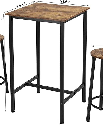 Finnhomy Bar Table Set, 23.6" Pub Table High Top Table, Square Bar Height Table, Bar Table with Stools, Kitchen Table Set for 2, Dining Table Set, Breakfast for Kitchen, Living Room, Rustic Brown - LeafyLoom