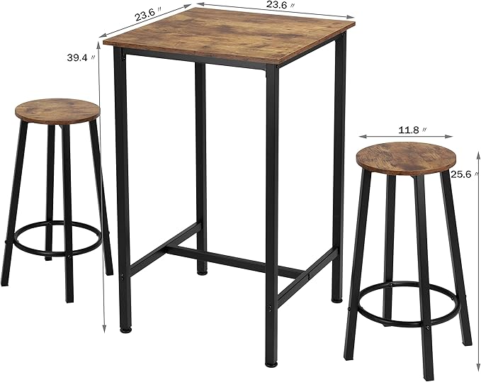 Finnhomy Bar Table Set, 23.6" Pub Table High Top Table, Square Bar Height Table, Bar Table with Stools, Kitchen Table Set for 2, Dining Table Set, Breakfast for Kitchen, Living Room, Rustic Brown - LeafyLoom