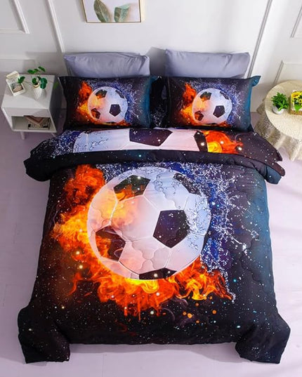 Wajade Football Soccer Comforter Set Bed in A Bag Twin Size 3D Galaxy Soccer Ball Sports Bedding Set for Boys Kids (1 Comforter, 1 Flat Sheet, 1 Fitted Sheet, 2 Pillowcase and 2 Pillow Sham) - LeafyLoom