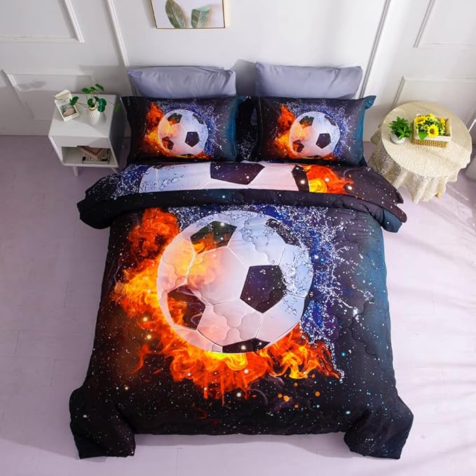 Wajade Football Soccer Comforter Set Bed in A Bag Twin Size 3D Galaxy Soccer Ball Sports Bedding Set for Boys Kids (1 Comforter, 1 Flat Sheet, 1 Fitted Sheet, 2 Pillowcase and 2 Pillow Sham) - LeafyLoom