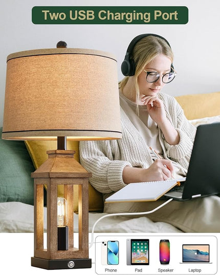 23.75" Farmhouse Dual USB Charging Ports 3-Way Dimmable Touch Control Table Lamp with Nightlight Vintage Modern Lamps for Living Room Bedroom - LeafyLoom