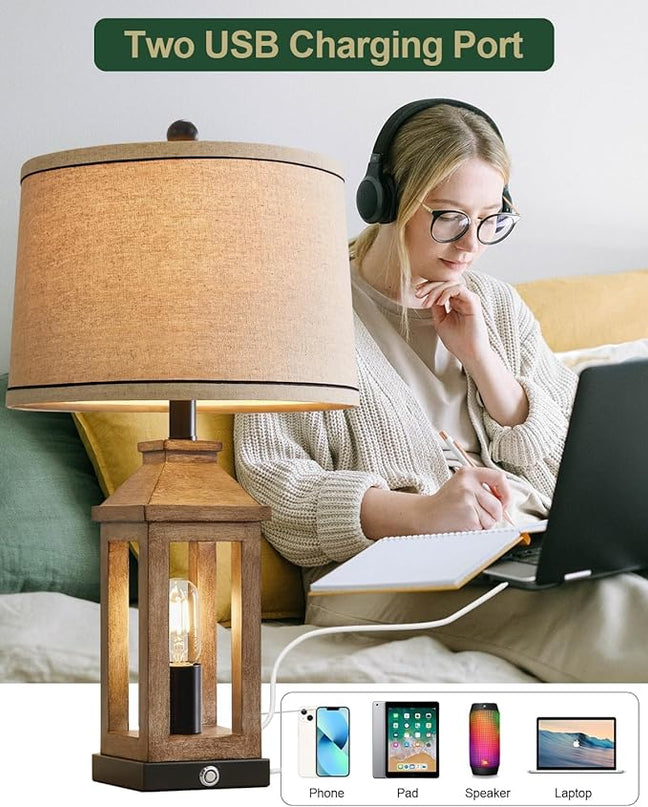 23.75" Farmhouse Dual USB Charging Ports 3-Way Dimmable Touch Control Table Lamp with Nightlight Vintage Modern Lamps for Living Room Bedroom - LeafyLoom