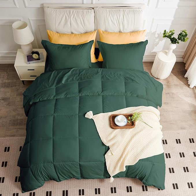 Queen Size Comforter Set - 3 Pieces, 1 Reversible Comforter and 2 Pillowcases,Soft Quilted Warm Fluffy Cooling Bedding for All Season,Green - LeafyLoom