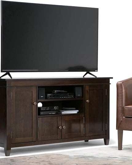 SIMPLIHOME Carlton SOLID WOOD Universal TV Media Stand, 54 Inch Wide, Contemporary, Living Room Entertainment Center, for Flat Screen TVs up to 60 Inch in Dark Tobacco Brown - LeafyLoom