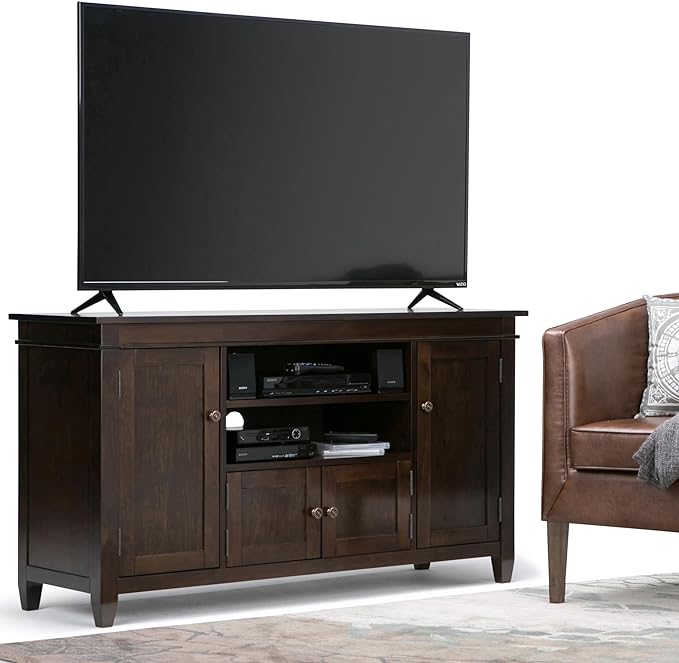 SIMPLIHOME Carlton SOLID WOOD Universal TV Media Stand, 54 Inch Wide, Contemporary, Living Room Entertainment Center, for Flat Screen TVs up to 60 Inch in Dark Tobacco Brown - LeafyLoom