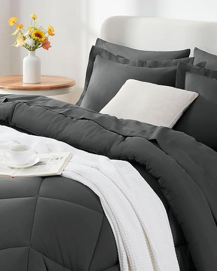 CozyLux Twin Bed in a Bag Comforter Set with Sheets 5-Pieces for Girls and Boys Dark Grey All Season Bedding Sets with Comforter, Pillow Sham, Flat Sheet, Fitted Sheet and Pillowcase - LeafyLoom