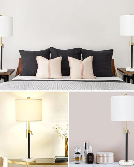 Black and Gold Table Lamps Set of 2: 22" to 30" Height Adjustable Nightstand Lamps with White Linen Shade | Pull Chain Switch | Marble Base - 3 Way Dimmable Beside Lamp for Bedrooms Living Room - LeafyLoom
