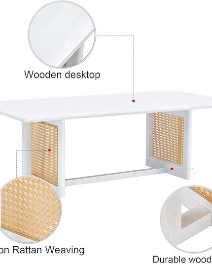 Chinese Style Coffee Table, Rattan Rectangular Solid Wood Coffee Table, Mid Century Modern Coffee Table Center Table Tea Table for Living Room Office, White - LeafyLoom