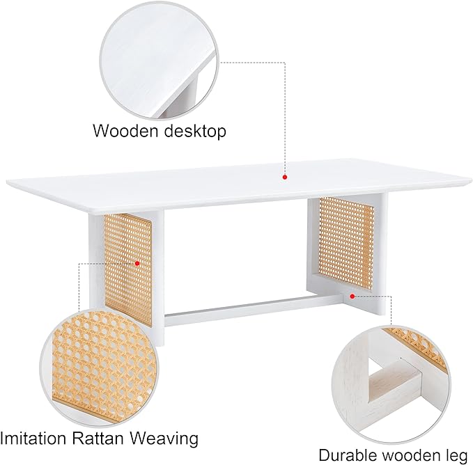 Chinese Style Coffee Table, Rattan Rectangular Solid Wood Coffee Table, Mid Century Modern Coffee Table Center Table Tea Table for Living Room Office, White - LeafyLoom