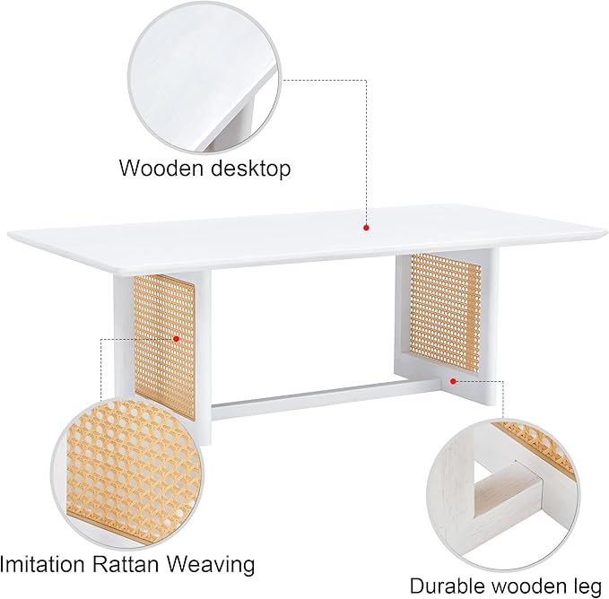 NicBex 47.24Inch Rectangular Dining Table,Modern Kitchen Table with Solid Wood Tabletop and Imitation Rattan Legs for 4 to 6,Counter Bar Dining Room Table for Small Space and Living Room,White - LeafyLoom