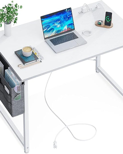 KKL Small Desk with Power Outlets and USB Port Computer Desk for Home Office Gaming Simple Modern Style Writing Desks with Storage Bag Headphone Hook, 32 inch, White - LeafyLoom
