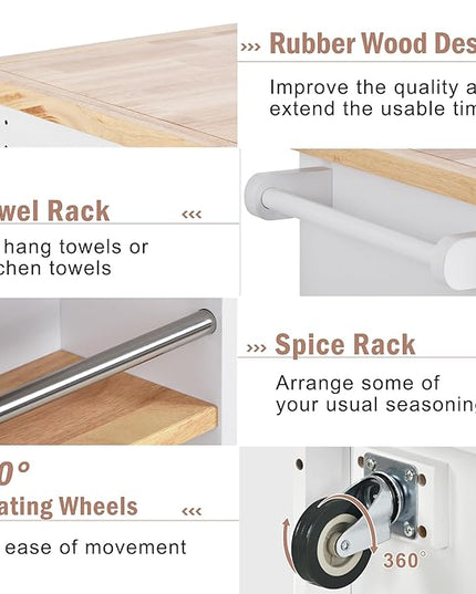 RITSU Kitchen Island Cart with Storage, Two-sided Rolling Bar Storage Cabinet Organizer on Wheels Wooden Top, Portable Movable Table w/Wine and Spice Rack, 2 Drawers, for Dining Room, White - LeafyLoom