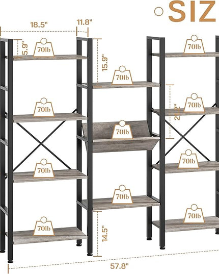 Shintenchi Industrial Bookcase,71.6” Triple 4 Tier Bookshelf with 11 Open Display Shelves,Large Etagere Bookshelf Open Record Player Shelves,Wide Book Shelf Book Case for Home & Office, Grey - LeafyLoom