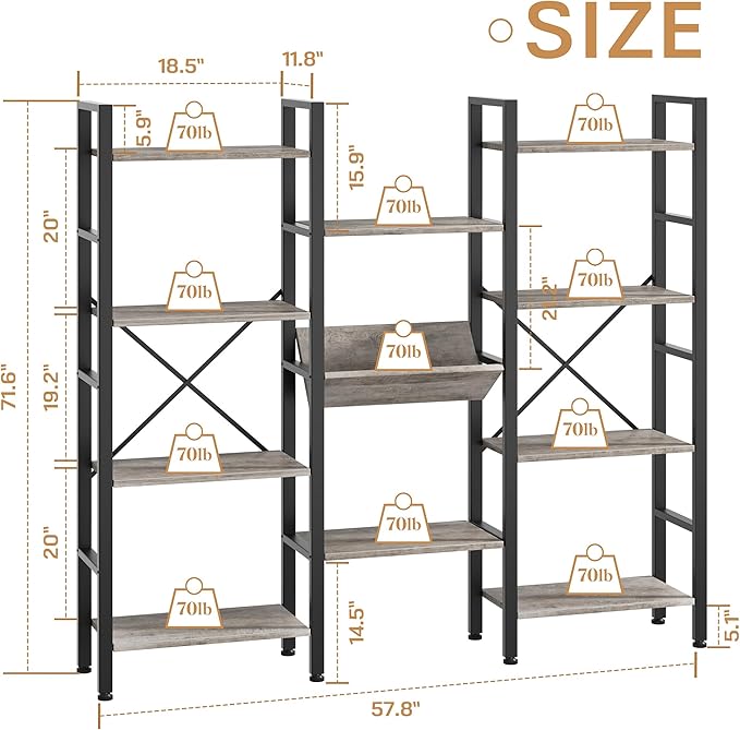 Shintenchi Industrial Bookcase,71.6” Triple 4 Tier Bookshelf with 11 Open Display Shelves,Large Etagere Bookshelf Open Record Player Shelves,Wide Book Shelf Book Case for Home & Office, Grey - LeafyLoom
