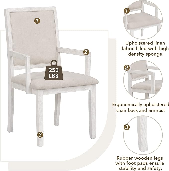 Table Set for 4 Two-Size Round to Oval Extendable Butterfly Leaf Wood Tabletop and 4 Upholstered Dining Chairs with Armrests for Home&Kitchen, Brown+White - LeafyLoom