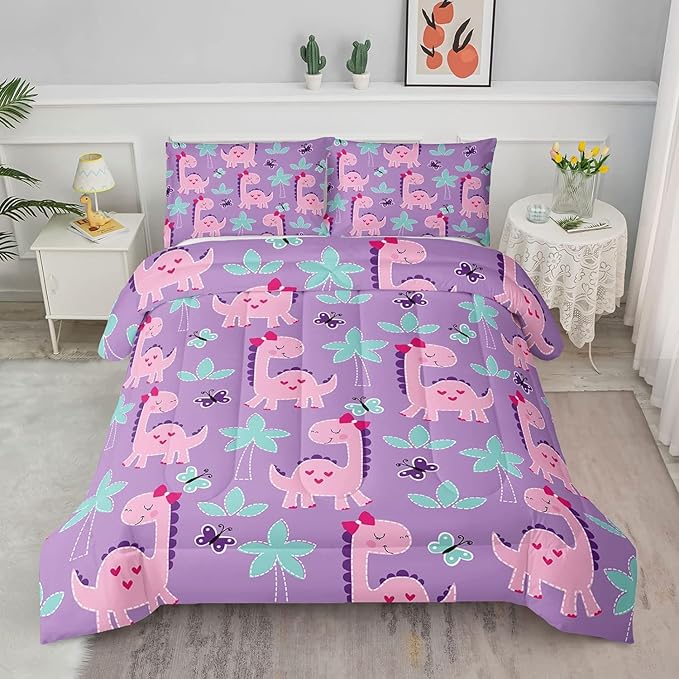 Axolotl Cute Dinosaur Comforter Set Queen Size,Girls Bedding Cartoon Dinosaur Bedding Set for Girls Teens Kids Boys Adults Room Decor,Kids Comforter Set All Season,1 Quilt 2 Pillow Cases,Purple - LeafyLoom