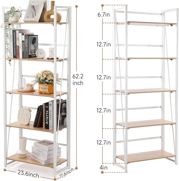 No-Assembly Folding Bookshelf Storage Shelves 5 Tiers Foldable Vintage Multifunctional Plant Flower Stand Storage Rack Shelves Bookcase for Home Office, White - LeafyLoom