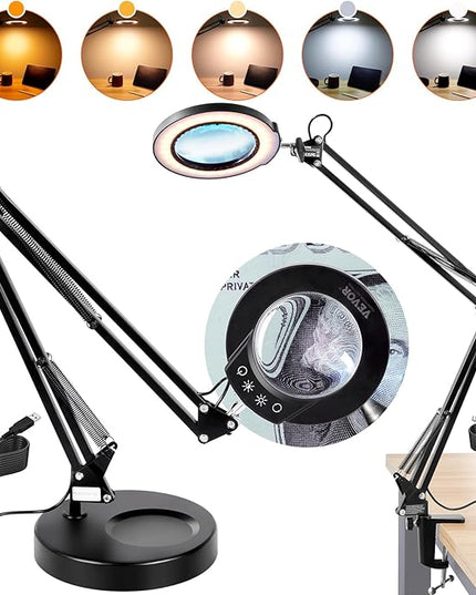 VEVOR Magnifying Glass with Light and Stand, 5X Magnifying Lamp, 4.3" Glass Lens, Base and Clamp 2-in-1 Desk Magnifier with Light, 64 LED Lights 5 Color Modes, for Close Work Reading Repair Crafts - LeafyLoom