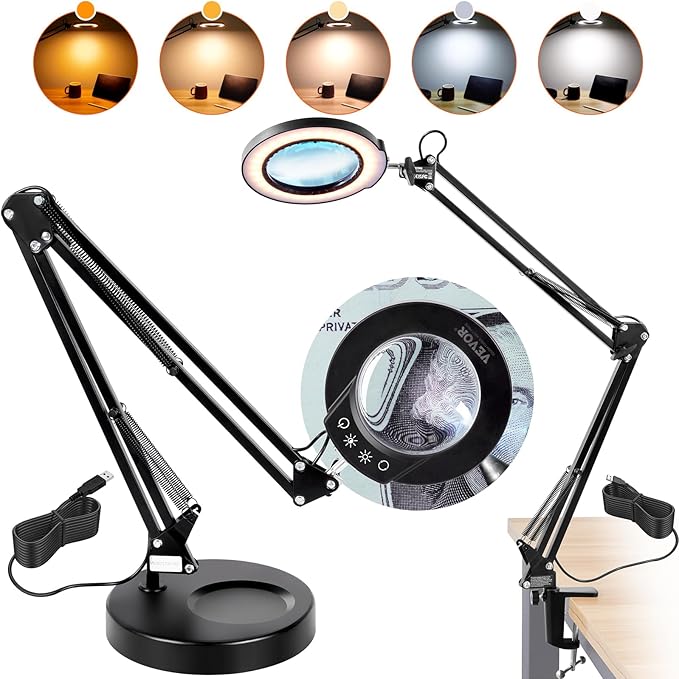 VEVOR Magnifying Glass with Light and Stand, 5X Magnifying Lamp, 4.3" Glass Lens, Base and Clamp 2-in-1 Desk Magnifier with Light, 64 LED Lights 5 Color Modes, for Close Work Reading Repair Crafts - LeafyLoom