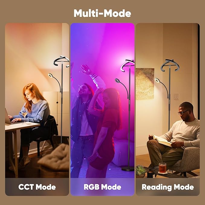 Upgraded RGBCW Floor Lamp with Ring Reading Lamp, Rotatable Remote Control LED Standing Lamp Dimmable Floor Light Modern Standing Light for Living Room Bedroom Home Office, 32W, Black - LeafyLoom