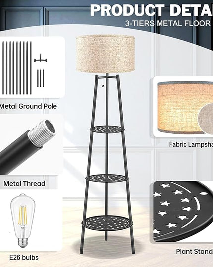 2 PCS Black Floor Lamp with Shelves for Living Room， Standing Lamp，Tall Lamp， Amparas Elegantes para Sala with Linen Shade，Modern Floor Lamp for Living Room，Bedroom or Office（Black Floor Lamp） - LeafyLoom