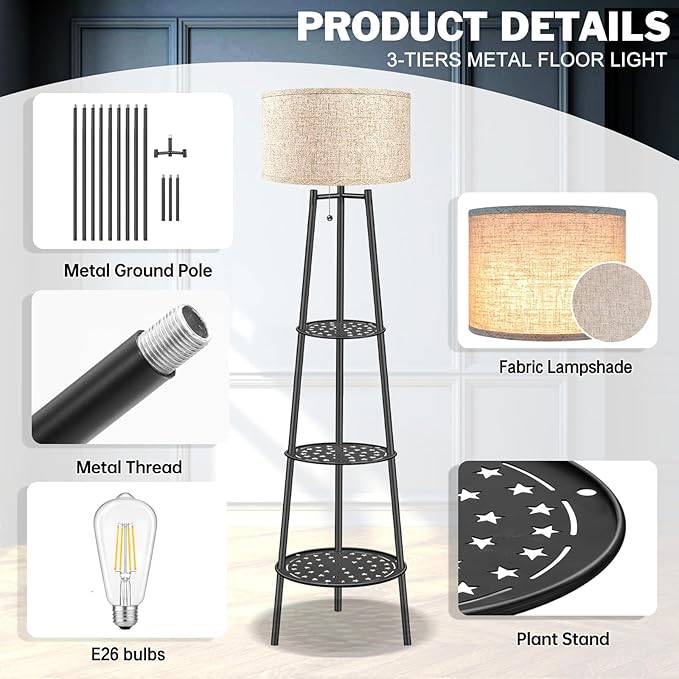 2 PCS Black Floor Lamp with Shelves for Living Room， Standing Lamp，Tall Lamp， Amparas Elegantes para Sala with Linen Shade，Modern Floor Lamp for Living Room，Bedroom or Office（Black Floor Lamp） - LeafyLoom