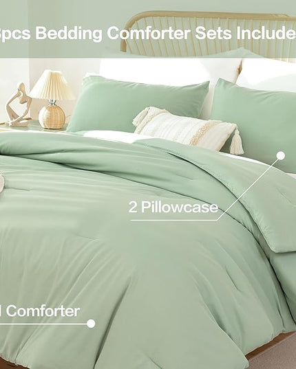 ROSGONIA King Size Sage Green Comforter Set - 3 Piece Bedding Set with Boho Style, Lightweight Down Alternative Comforter, Cozy Blanket Bedspreads Quilt for All Seasons - LeafyLoom