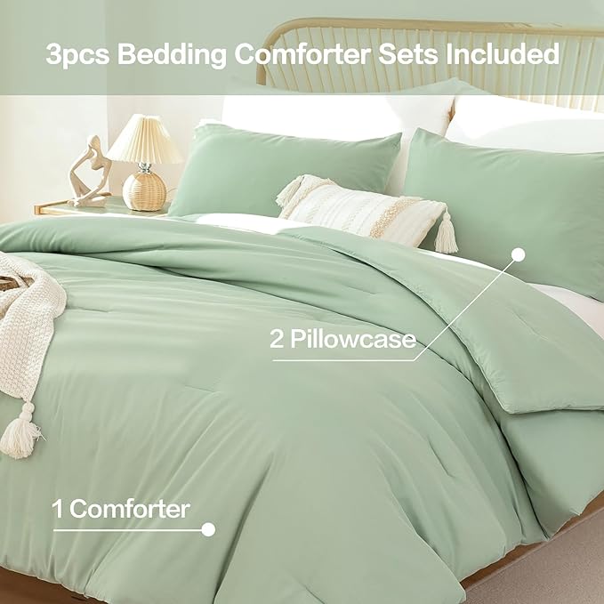ROSGONIA Queen Comforter Set Sage Green, 3pcs Bedding Sets Queen (1 Boho Sage Comforter& 2 Pillowcases), All Season Lightweight Blanket Quilt - LeafyLoom