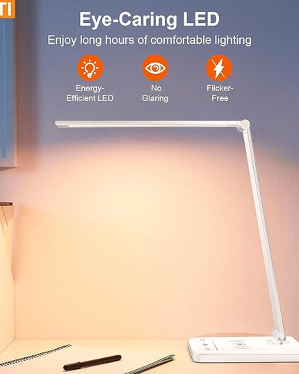 LED Desk Lamp with Wireless charging，Dimmable Desk Light, 5 Light Colors, 6 Brightness Levels, Touch Control Table Lamp with USB Rechargeable,Auto Timer, for College Dorm, Home, Office - LeafyLoom