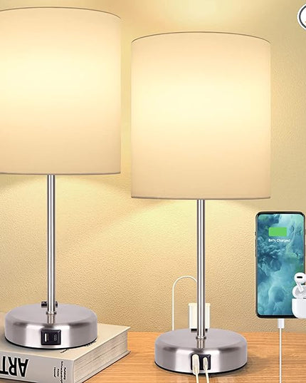 Bedside Touch Control Lamps for Bedroom Set of 2-3 Way Dimmable Table Lamp with USB A+C Charging Ports, Nightstand Lamp for Living Room Office, Bed Side Light with E26 LED Bulbs. - LeafyLoom