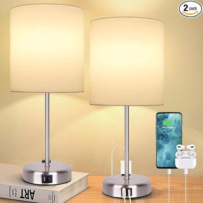 Bedside Touch Control Lamps for Bedroom Set of 2-3 Way Dimmable Table Lamp with USB A+C Charging Ports, Nightstand Lamp for Living Room Office, Bed Side Light with E26 LED Bulbs. - LeafyLoom