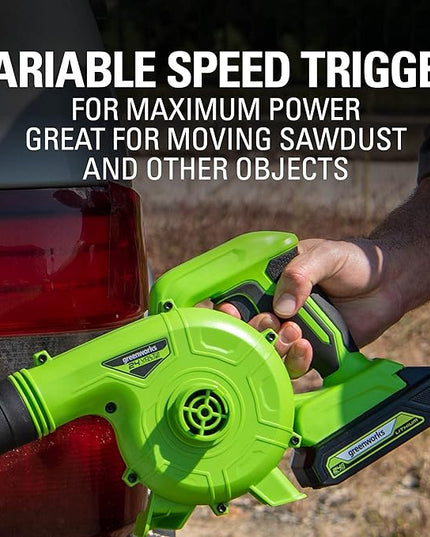 Greenworks 24V (90 MPH / 180 CFM / 125+ Compatible Tools) Cordless Shop Blower, 2.0Ah Battery and Charger Included - LeafyLoom