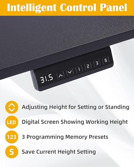 Electric Height Adjustable Desk, 48x24 Sit Stand Desk with Splice Board, Gaming Desk with Memory Presets, Black Steel Frame & Black Board - LeafyLoom