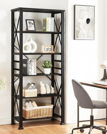 HOMBAZAAR Bookshelf, 6-Tier Industrial Bookshelf, Etagere Bookcases and Bookshelves, Tall Bookshelf Storage Organizer, Freestanding Bookshelf for Living Room, Bedroom and Home Office，Black - LeafyLoom