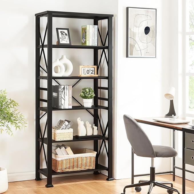 HOMBAZAAR Bookshelf, 6-Tier Industrial Bookshelf, Etagere Bookcases and Bookshelves, Tall Bookshelf Storage Organizer, Freestanding Bookshelf for Living Room, Bedroom and Home Office，Black - LeafyLoom