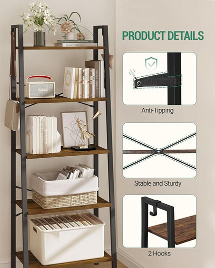 Ladder Shelf, Bookshelf Bookcase, Freestanding Corner Storage Shelve with 2 Hooks for Home Office, Living Room, Kitchen, Bedroom, Industrial, 5-Tier Rustic Brown BC19301B - LeafyLoom